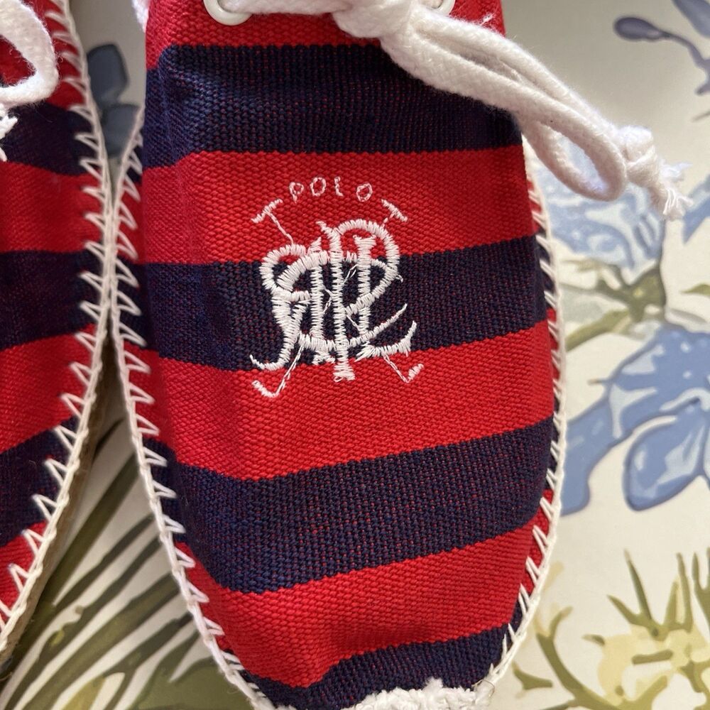 Polo Ralph Lauren Blue Red Striped Espadrille Embroidery Madras Shoes Mens 10.5 - Picture 2 of 10